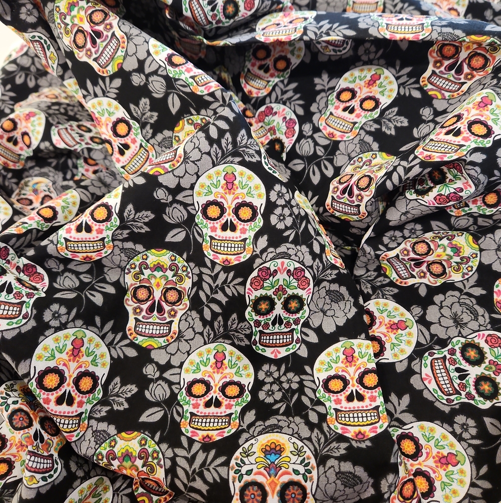 Fabric Black Sugar Skull Print 1/2 Yard